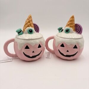 Set of 2 Pink Pumpkin Ice Cream Cone Lidded Ceramic Mugs Halloween Summerween